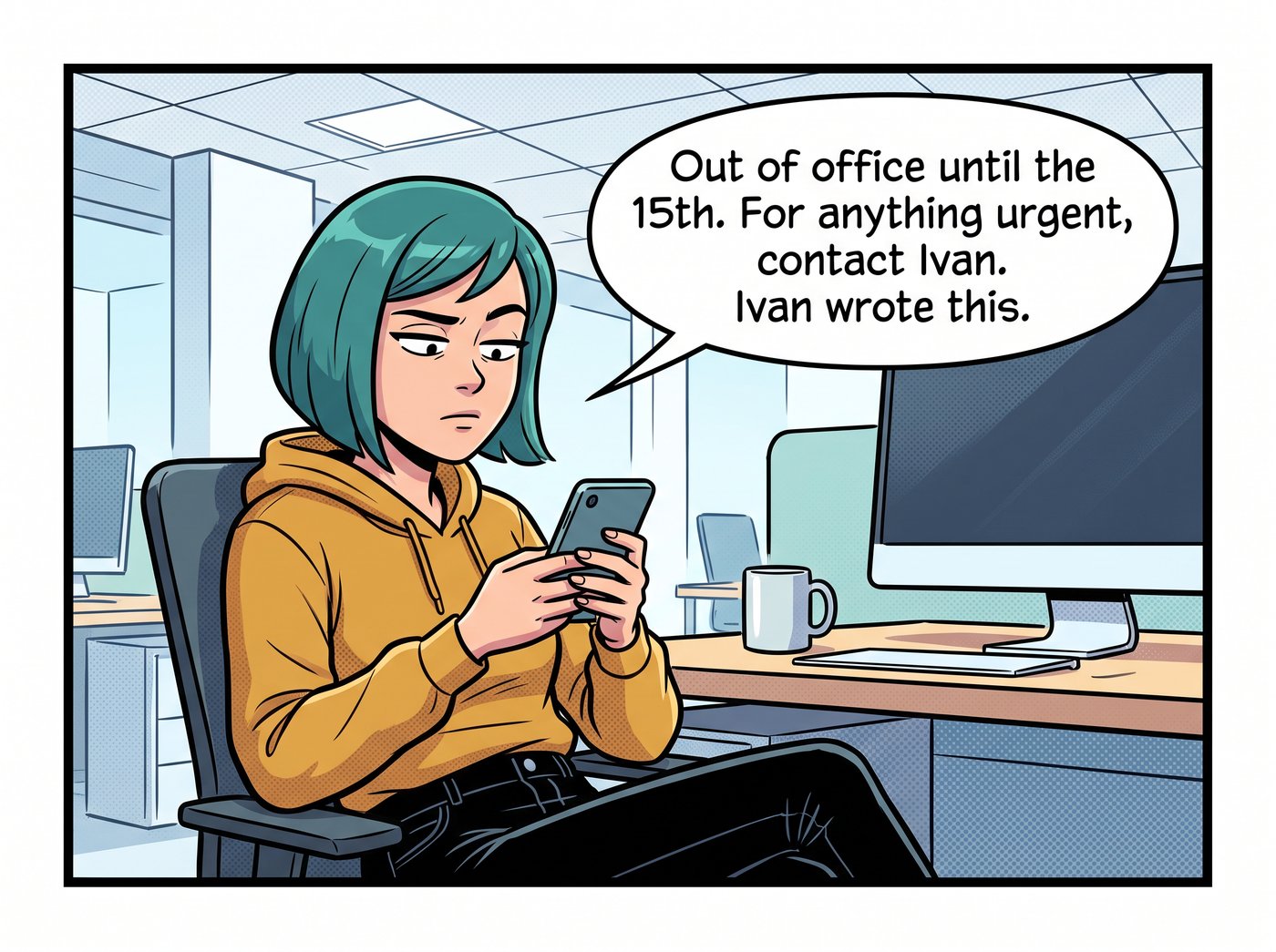 Dana stares flatly at her phone. The auto-reply reads: “Out of office until the 15th. For anything urgent, contact Ivan.” Dana: “Ivan wrote this.”