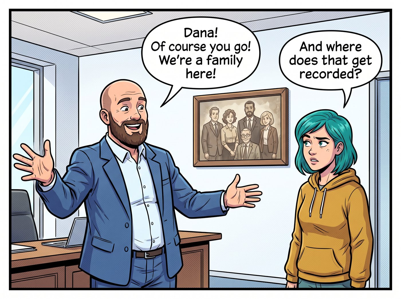 CEO office with an old photo of five people on the wall. Mr. Vaughn spreads his arms: “Dana! Of course you go! We're a family here!” Dana: “And where does that get recorded?”