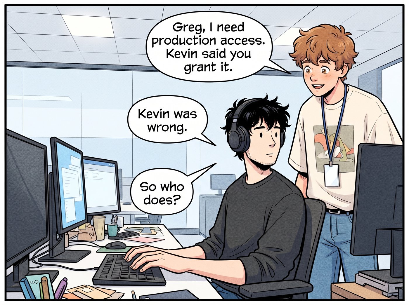 Greg types in headphones without turning around. Adam: “Greg, I need production access. Kevin said you grant it.” Greg: “Kevin was wrong.” Adam: “So who does?”