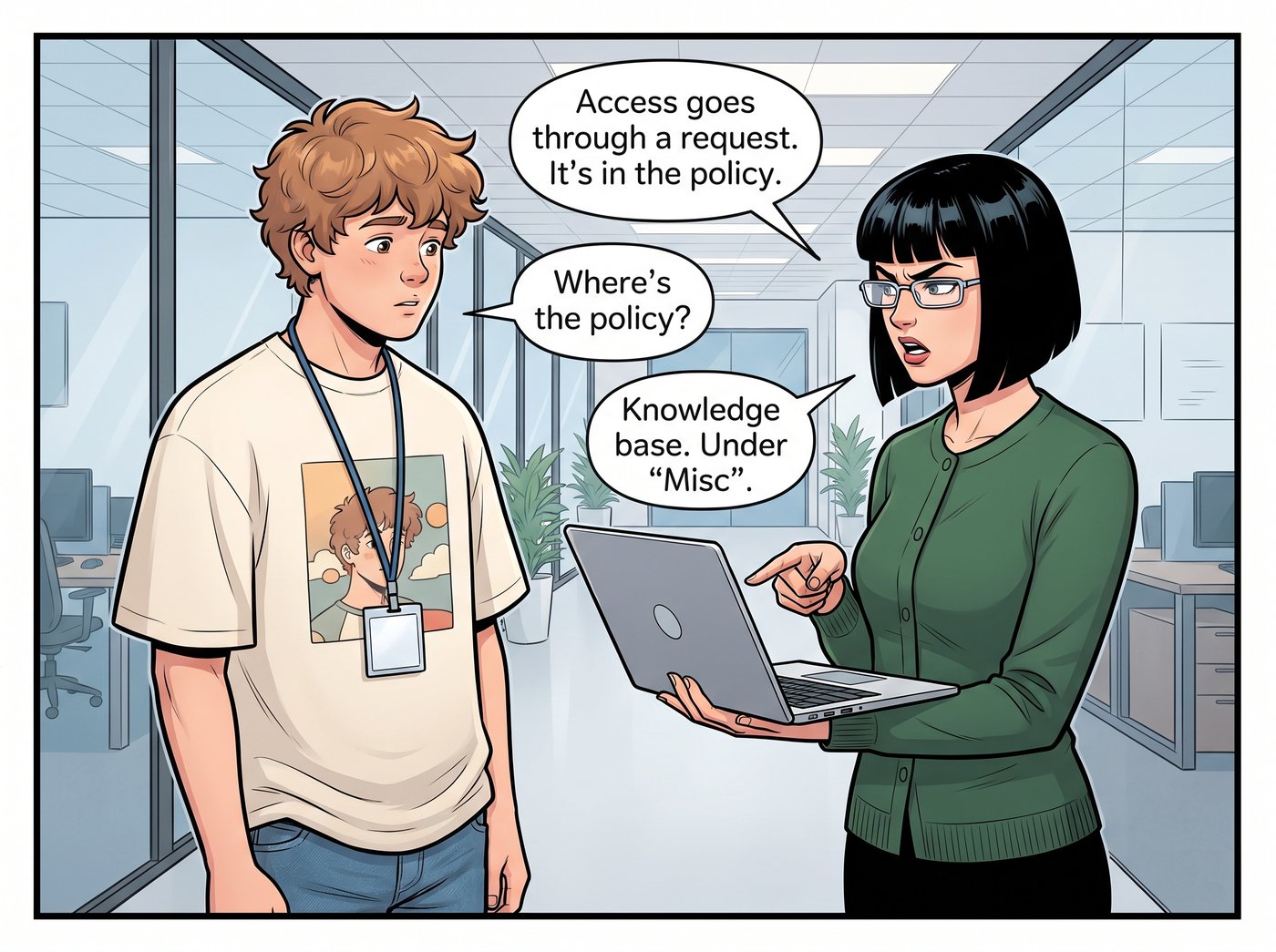 Corridor. Lena points at her laptop screen: “Access goes through a request. It's in the policy.” Adam: “Where's the policy?” Lena: “Knowledge base. Under Misc.”