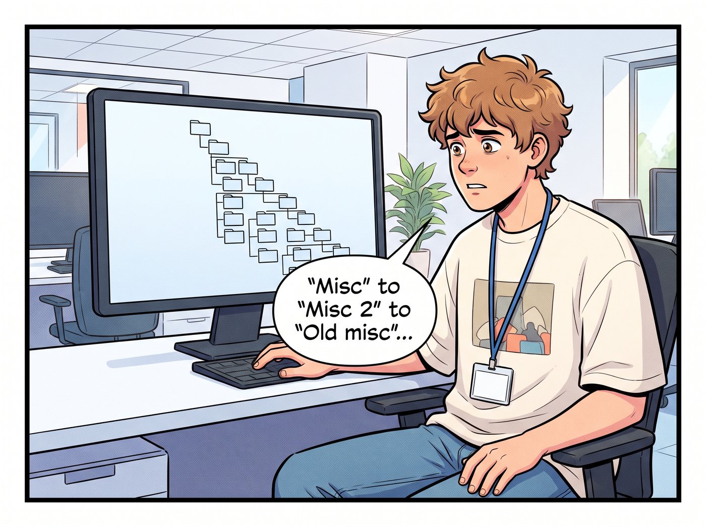 Adam stares at a monitor where a folder tree keeps nesting deeper: “Misc to Misc 2 to Old misc...”