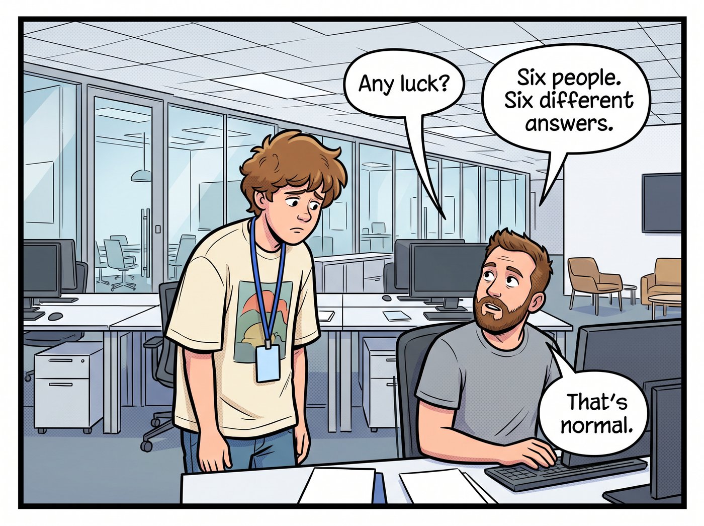 Adam returns to Kevin's desk, shoulders slumped. Kevin: “Any luck?” Adam: “Six people. Six different answers.” Kevin: “That's normal.”