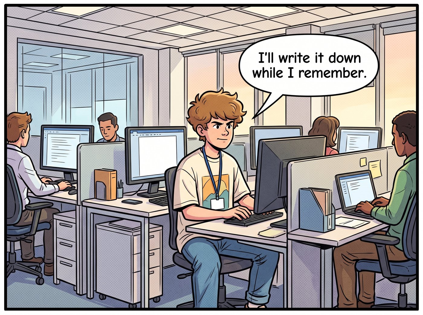Evening office, everyone working. Adam sits alone at his desk in front of a blank document: “I'll write it down while I remember.”