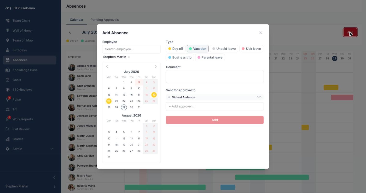 A request picks dates against the holiday calendar and shows who approves it