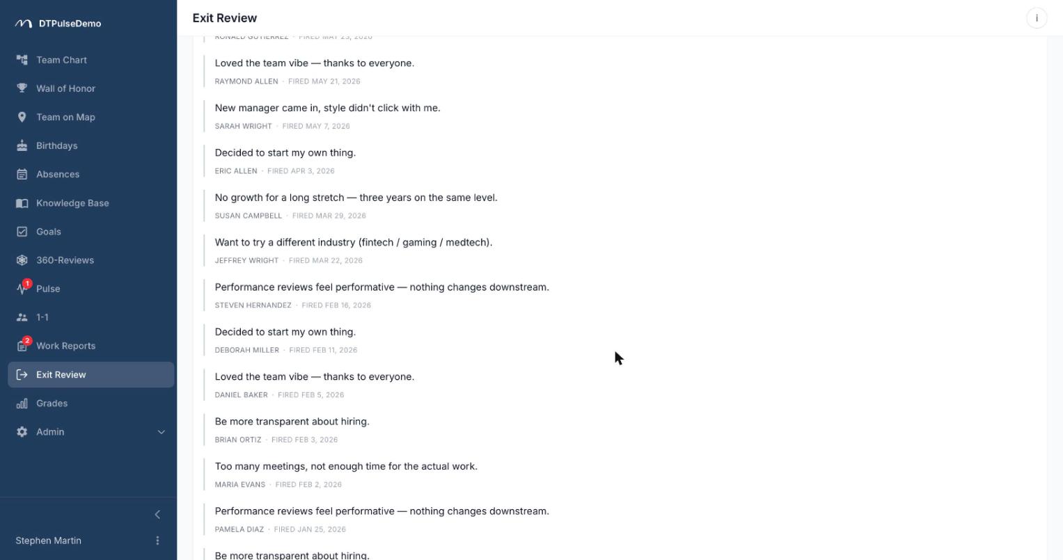 Free-text answers stay attributed — HR reads who said what, and when they left